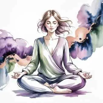 Watercolor illustration of a woman meditating peacefully with flowing pastel colors, representing the art of meditation and calm inner energy.