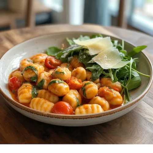 Gnocchi in cherry tomato sauce with basil and arugula salad — wholesome summer dinner recipe idea.