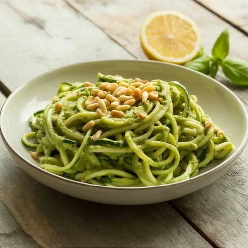 Zucchini noodles topped with avocado pesto and pine nuts — light and fresh summer dinner recipe.