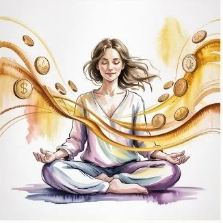 Meditating woman surrounded by golden energy waves and floating coins, expressing that raising your vibration is key when asking can you win the lottery.