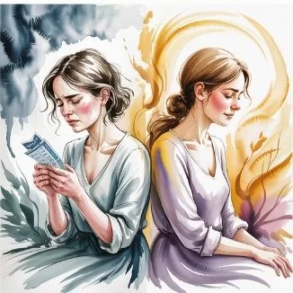 Illustration showing a stressed person beside a calm, radiant figure, reflecting that mindset and energy decide the outcome of can you win the lottery.