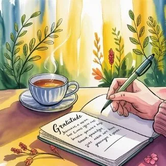 Person writing in a gratitude journal beside a glowing cup of tea, showing that gratitude and positive energy can shift your answer to can you win the lottery toward yes.
