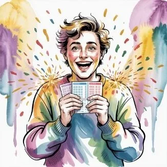 Joyful person holding a winning lottery ticket with confetti and sparkles, representing the belief that can you win the lottery - yes, anyone can when aligned with abundance.