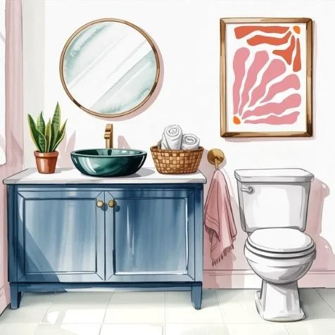 Bathroom with balanced decor and plants, demonstrating How to Apply Feng Shui at Home to Attract Wealth by preventing wealth energy from draining away.
Water color style illustration.