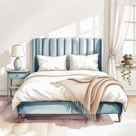 Minimalist bedroom with cozy bedding and plants, illustrating How to Apply Feng Shui at Home to Attract Wealth by promoting restful energy and harmony.
Water color style illustration.