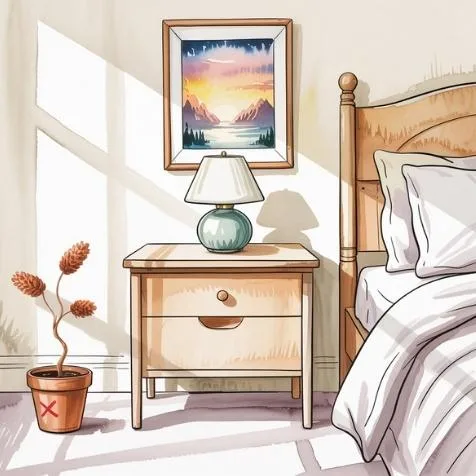 Bedroom showing an example of what to avoid—dead plant symbolizing blocked energy—part of How to Apply Feng Shui at Home to Attract Wealth tips.
Water color style illustration.
