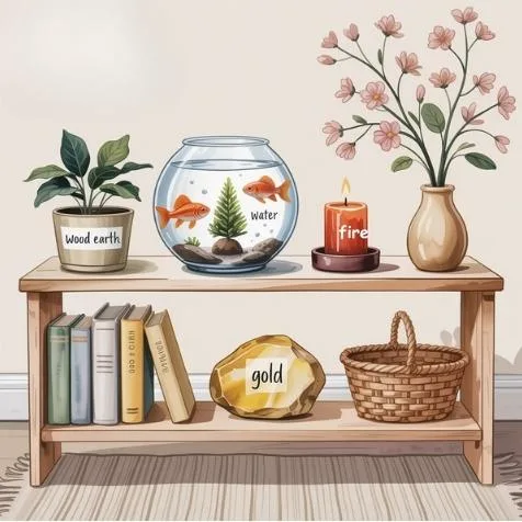 Five elements display (wood, water, fire, earth, metal) beautifully arranged, teaching How to Apply Feng Shui at Home to Attract Wealth by balancing elemental energy.Water color style illustration.
