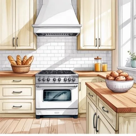 Clean and organized kitchen with natural wood and earth tones, reflecting How to Apply Feng Shui at Home to Attract Wealth by enhancing the home's “wealth pantry.
Water color style illustration.