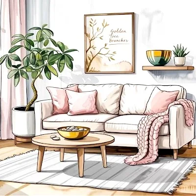 Living room with money tree and balanced decor, showcasing How to Apply Feng Shui at Home to Attract Wealth through thoughtful placement of furniture and elements. Water color style illustration.