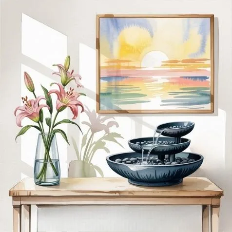 Tabletop water fountain with smooth stones, perfectly representing How to Apply Feng Shui at Home to Attract Wealth through flowing water energy.
Water color style illustration.