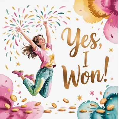 Joyful woman jumping with excitement surrounded by colorful fireworks and golden coins, symbolizing how to manifest winning the lottery and celebrate abundance with gratitude.