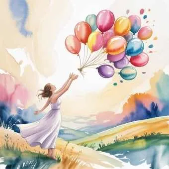 Woman releasing colorful balloons into the sky, illustrating how to manifest winning the lottery by letting go of control and trusting the universe.