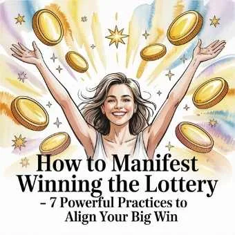 Joyful woman raising her arms surrounded by golden coins and radiant light, representing how to manifest winning the lottery through high vibration and positive energy.