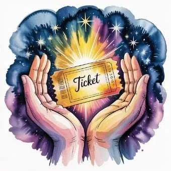 Hands holding a glowing ticket under stars, symbolizing how to raise your vibration and win the lottery through trust, joy, and aligned energ