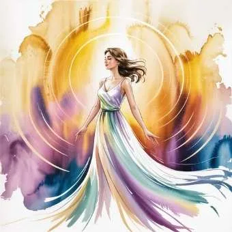 Woman surrounded by golden vibration waves, showing how to raise your vibration and win the lottery by matching the frequency of abundance