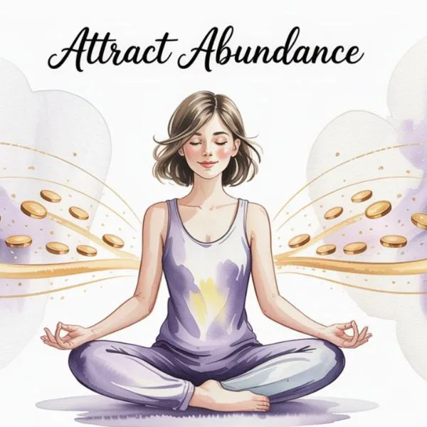 Watercolor painting of A young woman
meditating with glowing energy waves, stars and gold coins around her, symbolizing how to raise your vibration to attract abundance and win the lottery.