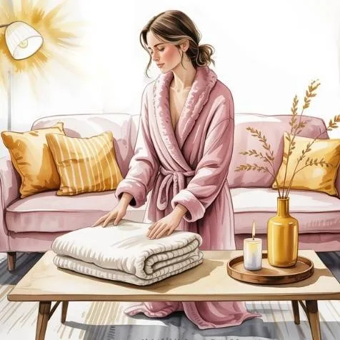 Woman in cozy loungewear tidying a warm modern living room by candlelight — mindful home organization ideas for evening reset rituals.