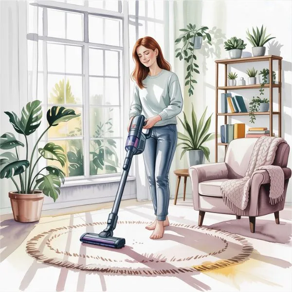 Mindful home organization — woman using cordless stick vacuum to clean rug in a cozy and organized living room.