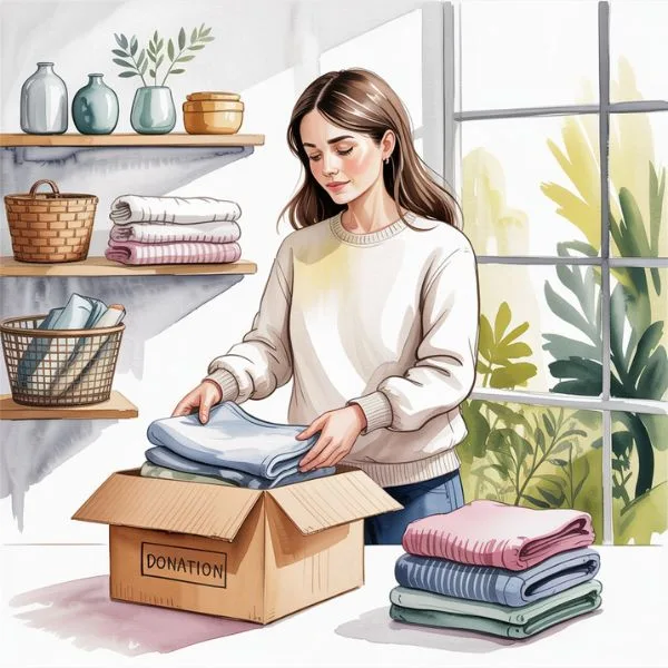 Mindful home organization — woman placing folded clothes in a donate box, organized shelves and neutral decor in a calm space.