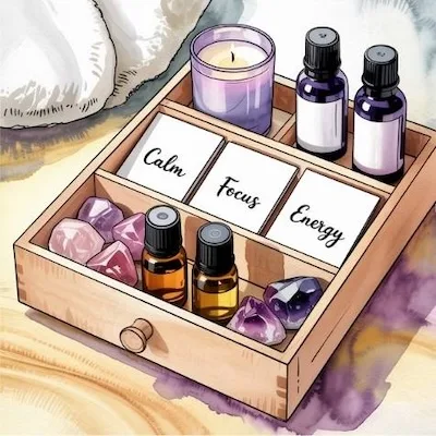 Organized aromatherapy drawer with essential oils, colorful soy candle, crystals, and labeled dividers — mindful home organization ideas for wellness at home.