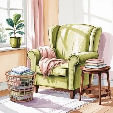 Declutter basket with neatly folded textiles beside a sofa, bright modern living room — mindful home organization ideas for creating calm spaces