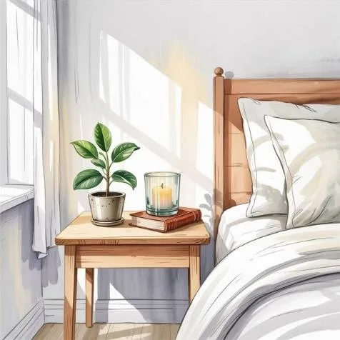 Minimalist bedroom nightstand with candle, journal, and potted plant beside a bed with white bedding — mindful home organization ideas for serene mornings.
