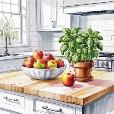 Minimalist kitchen counter with a bowl of fruit and a potted herb — mindful home organization ideas for a bright and fresh kitchen space.