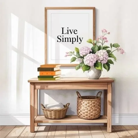 Nature-inspired entryway with wooden console table, tray for keys, potted flower, and framed quote — mindful home organization ideas for a welcoming entrance.