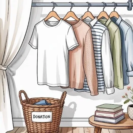 Organized minimalist closet with neutral hanging clothes and donation basket — mindful home organization ideas for intentional wardrobe practices.