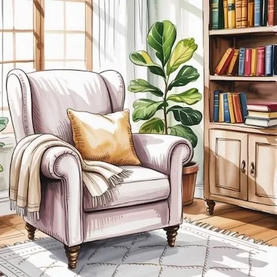 Cozy reading nook with a small shelf of books, sofa with throw blanket, and potted plant — mindful home organization ideas for inspiring reading spaces.
