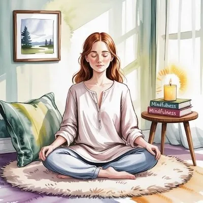 Young woman meditating in the tea and meditation corner, which is one of the mindful home organization ideas to create a calming ritual space.