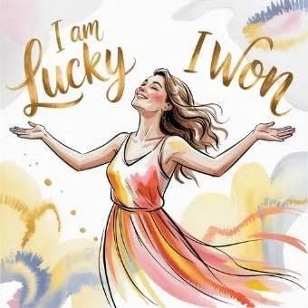 Woman surrounded by golden affirmations like “I Am Lucky,” showing how winning lottery affirmations replace limiting beliefs with abundance energy.