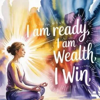 Meditating woman surrounded by glowing affirmations like “I Am Wealth,” symbolizing how winning lottery affirmations raise vibration to attract luck