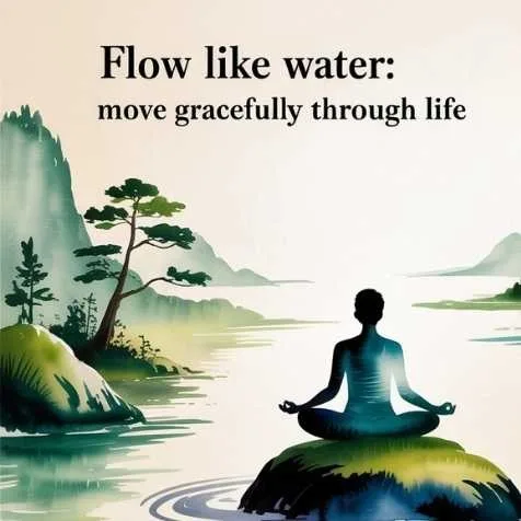 The game of life and how to play it visualized with a person meditating by a river, symbolizing the Taoist idea of flowing like water through life.