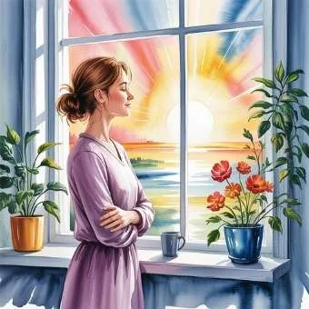 Watercolor woman by sunlit window, symbolizing calm reflection and inner peace.