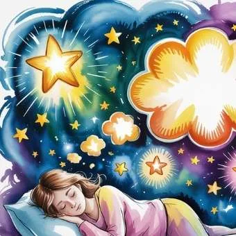 Peaceful person drifting into sleep, with glowing dream lights representing subconscious impressions.