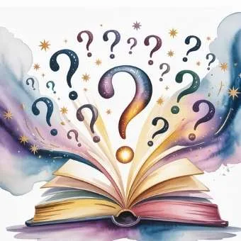 Watercolor open book with glowing question marks transforming into stars, symbolizing spiritual insight.