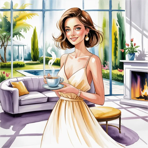 Elegant woman enjoying coffee in a sunny, luxurious home – visualizing and living as if her desires are already fulfilled.