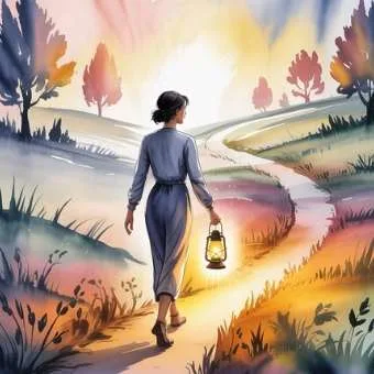 Watercolor woman walking toward sunrise holding a glowing lantern, symbolizing persistence and faith.