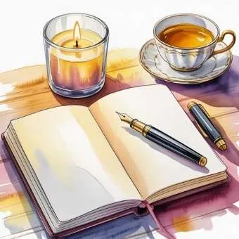 Watercolor flat lay of journal, pen, and tea cup symbolizing mindful daily Law of Assumption practice.