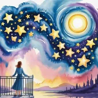 Watercolor woman gazing at starlit sky where stars form dream scenes, symbolizing faith and the power of imagination to create reality.