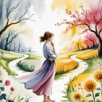 Woman at a crossroads choosing between bright and dark paths, representing conscious choice in imagination and how it creates reality.