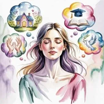 Watercolor illustration of glowing thought bubbles with scenes of love and success, showing how every act of imagination matters and creates reality.