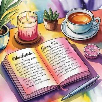 Watercolor flat lay of a glowing manifestation journal and tea cup, representing daily practice of Neville Goddard’s teaching that imagination creates reality.