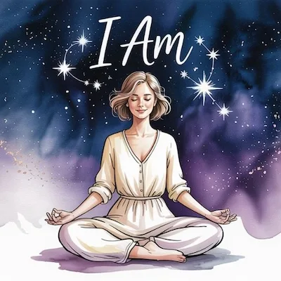 A woman sitting in meditation beneath a starry sky with the words “I Am” above her head — reflecting the cosmic power of I Am awareness in spiritual practice.