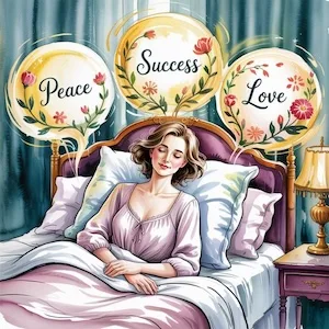 Soft watercolor of a woman resting peacefully in bed, dreaming of peace, success, and love — representing subconscious alignment through I Am awareness.