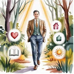 Watercolor of a confident man walking on a forest path surrounded by glowing icons of love, home, knowledge, and sunshine — expressing success through I Am awareness.