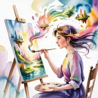 Young woman painting a glowing world that comes to life from her canvas, symbolizing imagination as the creative act that shapes reality.