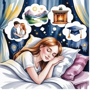 Young woman peacefully sleeping in bed, surrounded by glowing dream bubbles of love, success, and warmth - visualizing her desires. Watercolor illustration showing how imagination creates reality.