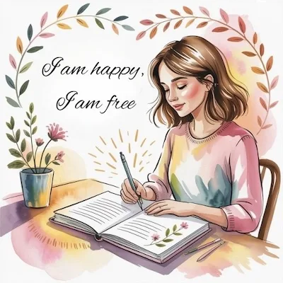 A woman journaling affirmations in a cozy, peaceful setting with flowers and warm light. Watercolor style art symbolizing the daily practice of how imagination creates reality.